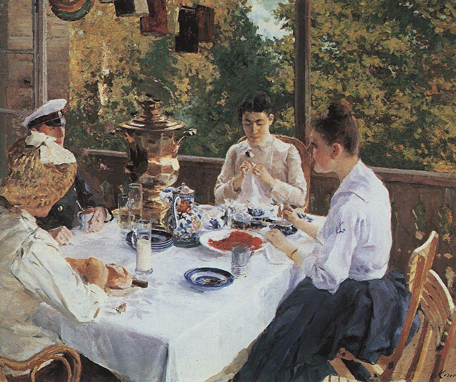 「お茶のテーブルに」コンスタンチン・コローヴィン、1888年