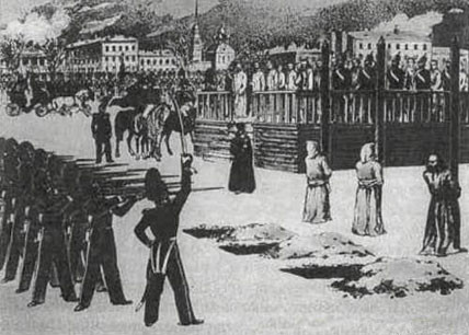 Für die Scheinhinrichtung wurden die Verurteilten in Dreiergruppen eingeteilt. Dostojewski, Pleschtschejew und Durow bildeten die (im Bild nicht dargestellte) zweite Gruppe.