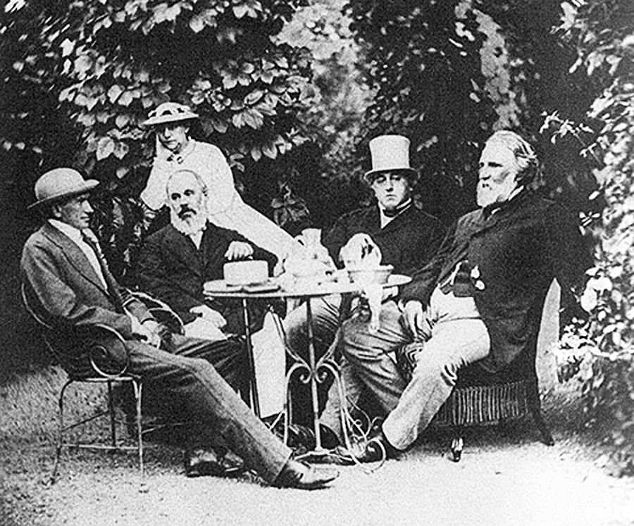 Photo of Ivan Turgenev and friends at the Malyutins' country house in Baden-Baden.