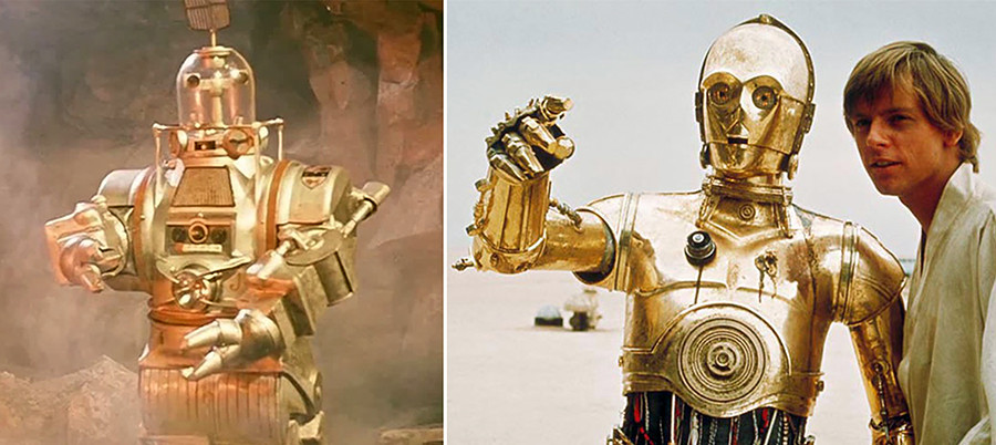 Klushantsev also first pictured a robot as a friend of a human space crew. Like a C-3PO it was also managed by a human actor inside of a robot costume.