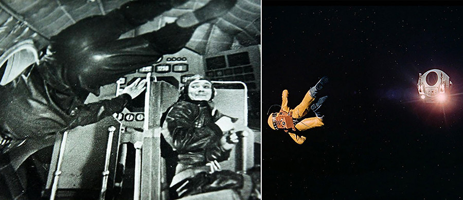 The first antigravity scene in history was filmed by Klushantsev with the help of a few steel ropes and a right camera angle. A similar approach was used by Stanley Kubrick as well.