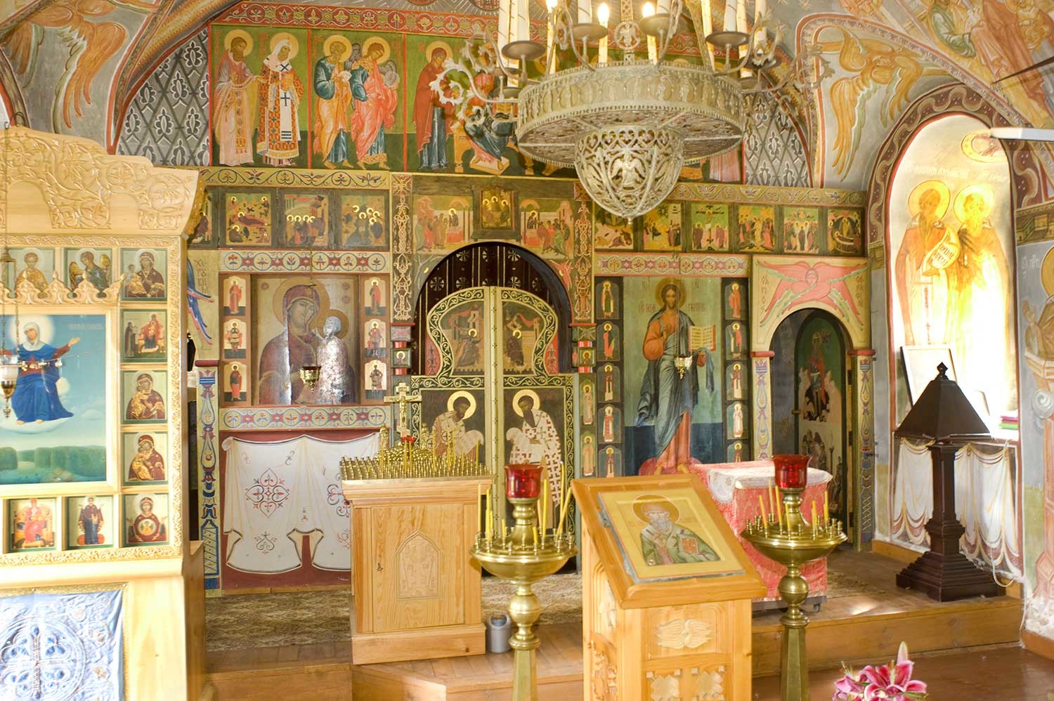 Church of the Smolensk Icon, lower level with altar to St. Sergius. Icon screen. Aug. 21, 2012.