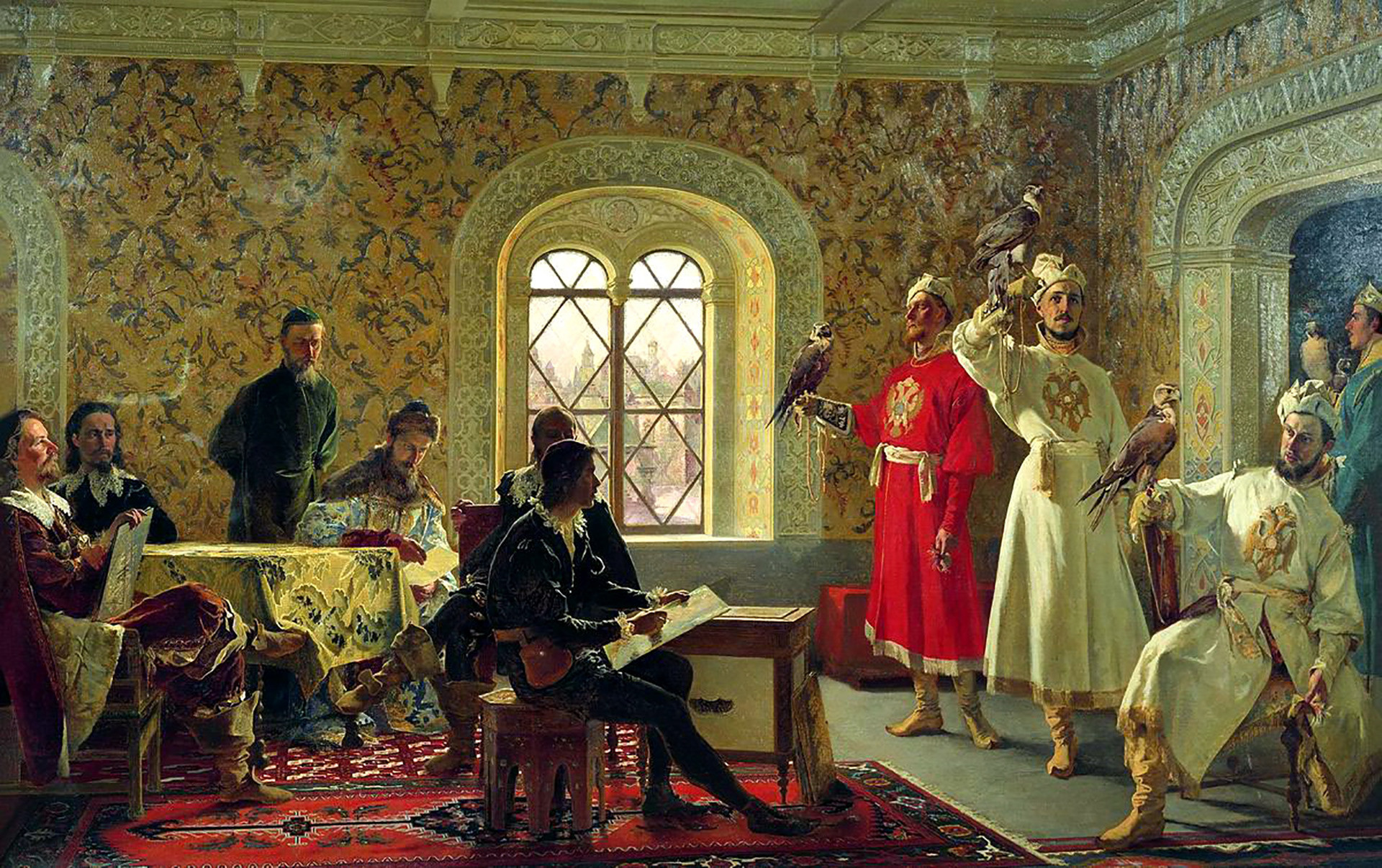 “O enviado italiano Calvucci esboçando os falcões favoritos do tsar Aleksêi
