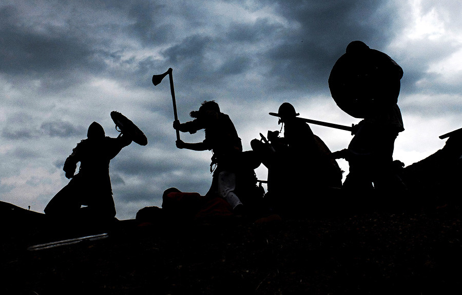 Participants in a historical Viking battle reenactment in Alushta. 