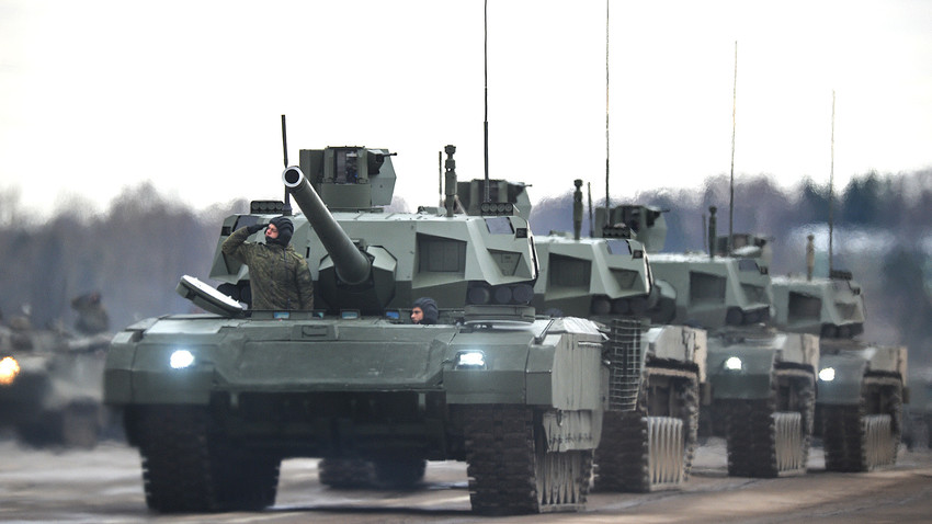 Russian T-14 Armata tanks during a military parade rehearsal.