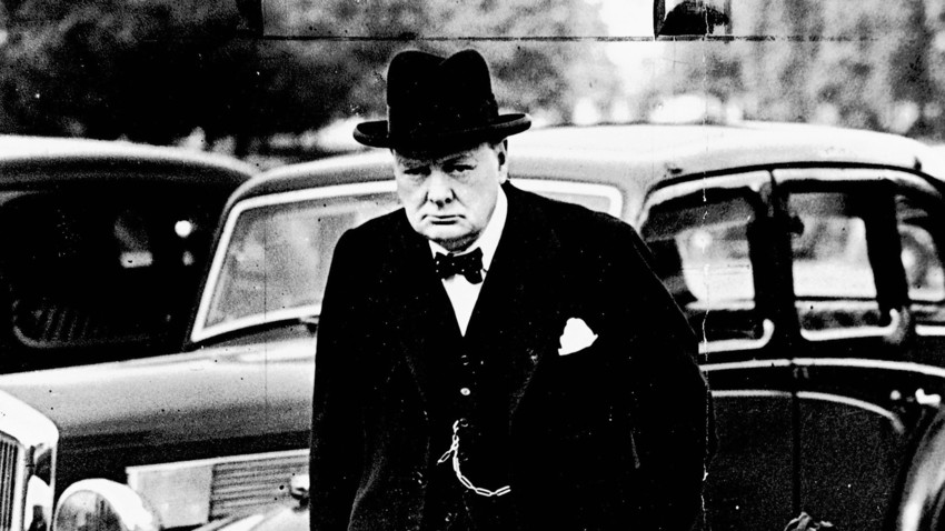 Winston Churchill (1874-1965), the First Lord of the Admiralty, arriving at Downing Street, where the War Cabinet met to discuss Russia's intervention in Poland. Picture taken in 1939
