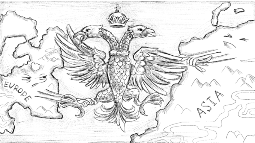 Dvojno rusko naravo nekako (nenamerno) izkazuje tudi nacionalni emblem - dvoglavi orel, ki gleda z eno glavo proti zahodu in z drugo proti vzhodu. 