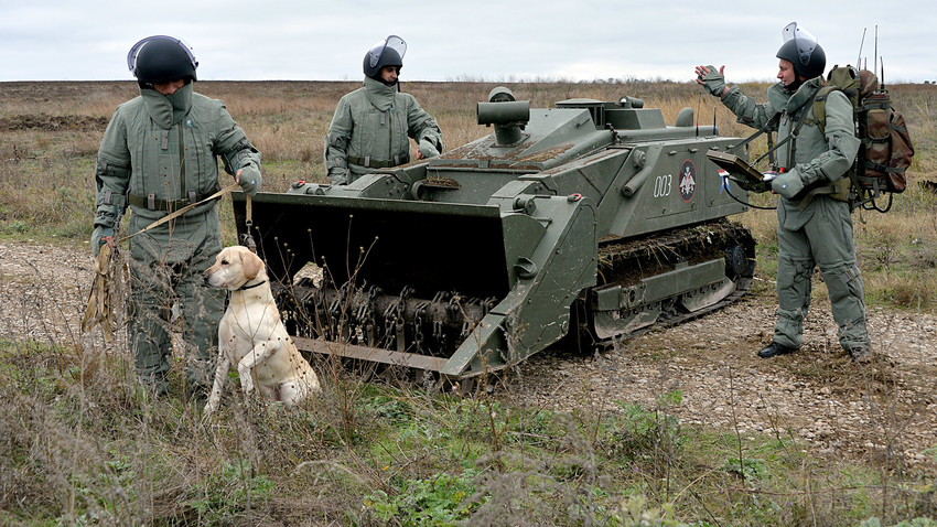 Mine clearance specialists of the engineering corps, with a dog trained to detect mines, near the remote-controlled Uran-6 robotic system during the removal of explosive objects from the agricultural land.