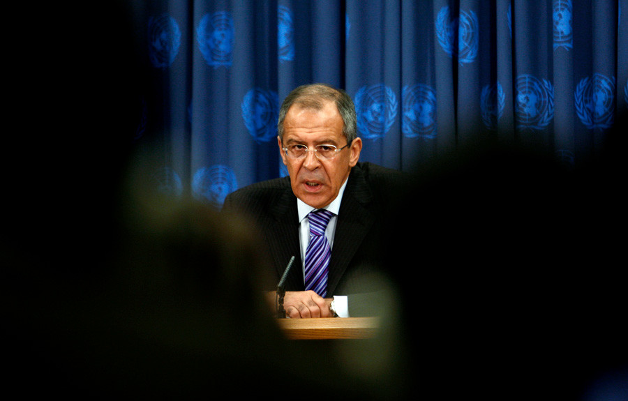 Russian Foreign Minister Sergey Lavrov speaks during a news conference at United Nations in New York, September 29, 2008