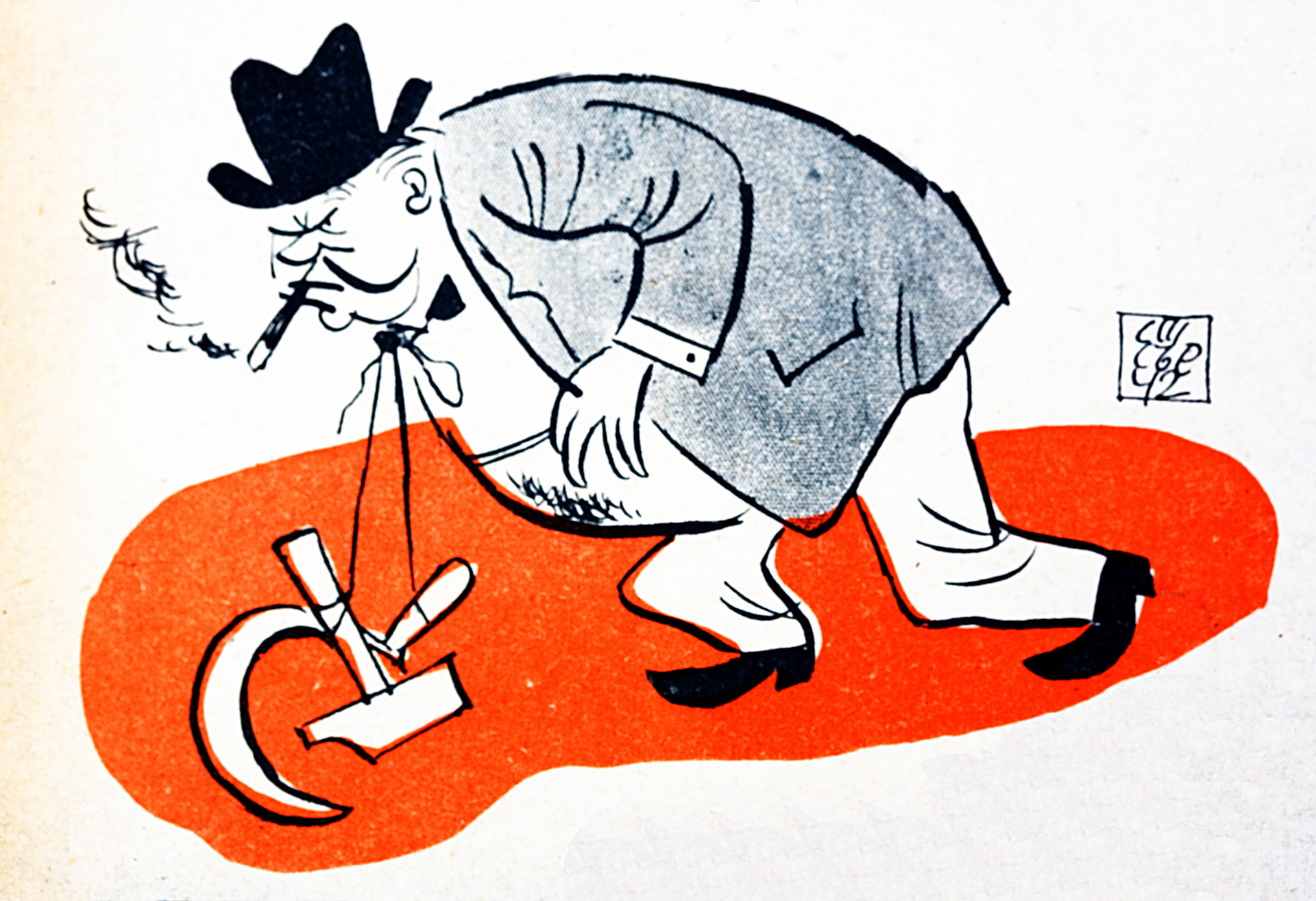 Pro-Nazi caricature showing Winston Churchill weighed down by the Communist hammer and sickle, symbolizing his alliance with Russia.