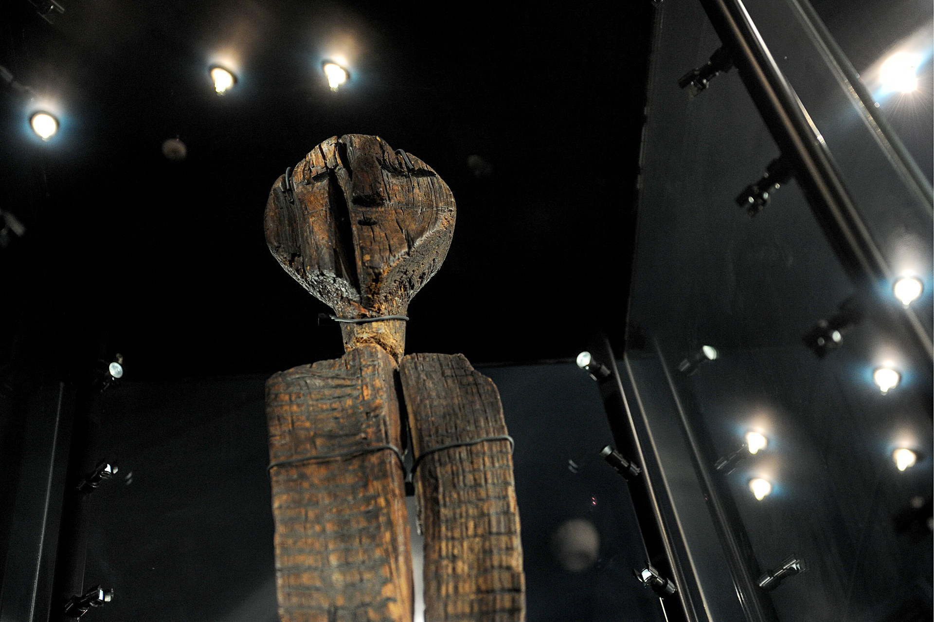 The Shigir Idol, the most ancient wooden sculpture, displayed at the Sverdlovsk Regional Lore Museum.