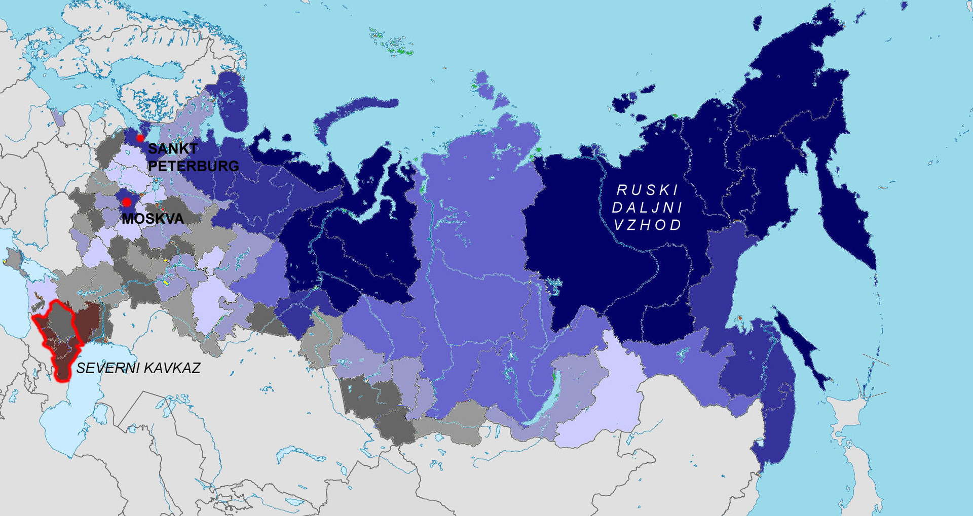 Povprečna plača v Rusiji; v temno modrih regijah je dohodek najvišji, v rjavih pa najnižji.