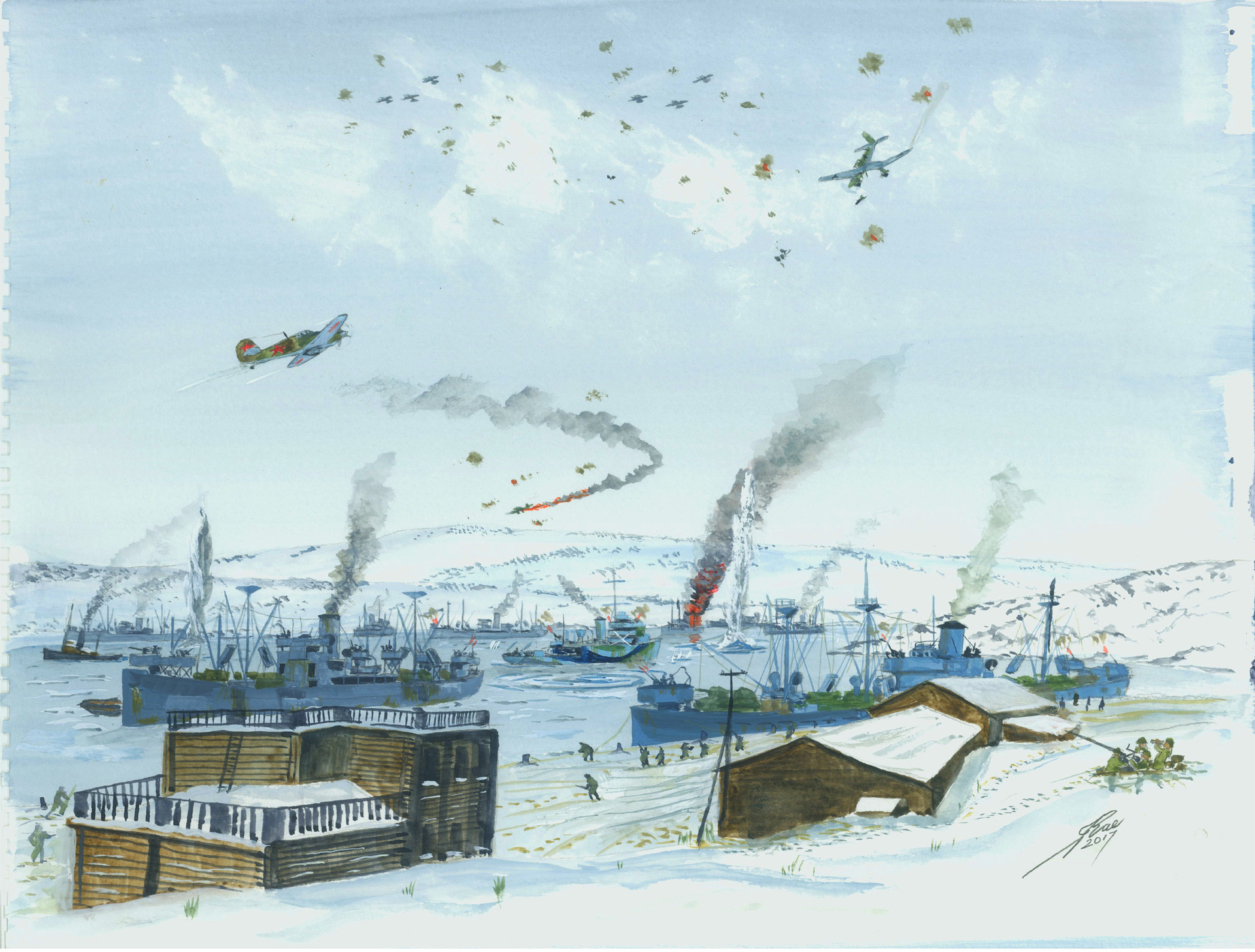 German Stukas attack convoy at Murmansk docks
