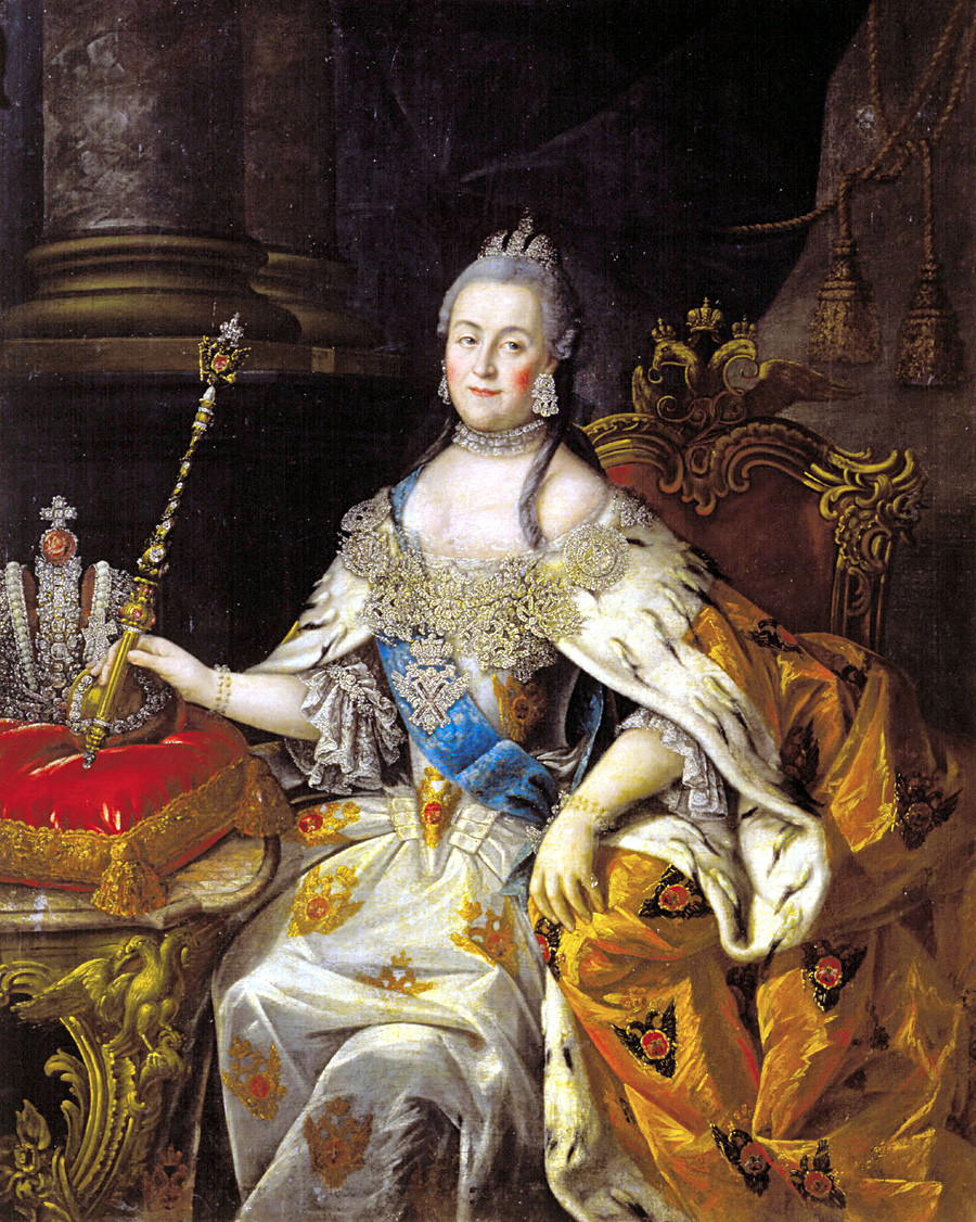 Catherine the Great holds the Imperial scepter. Portrait by Alexei Antropov, 1765.