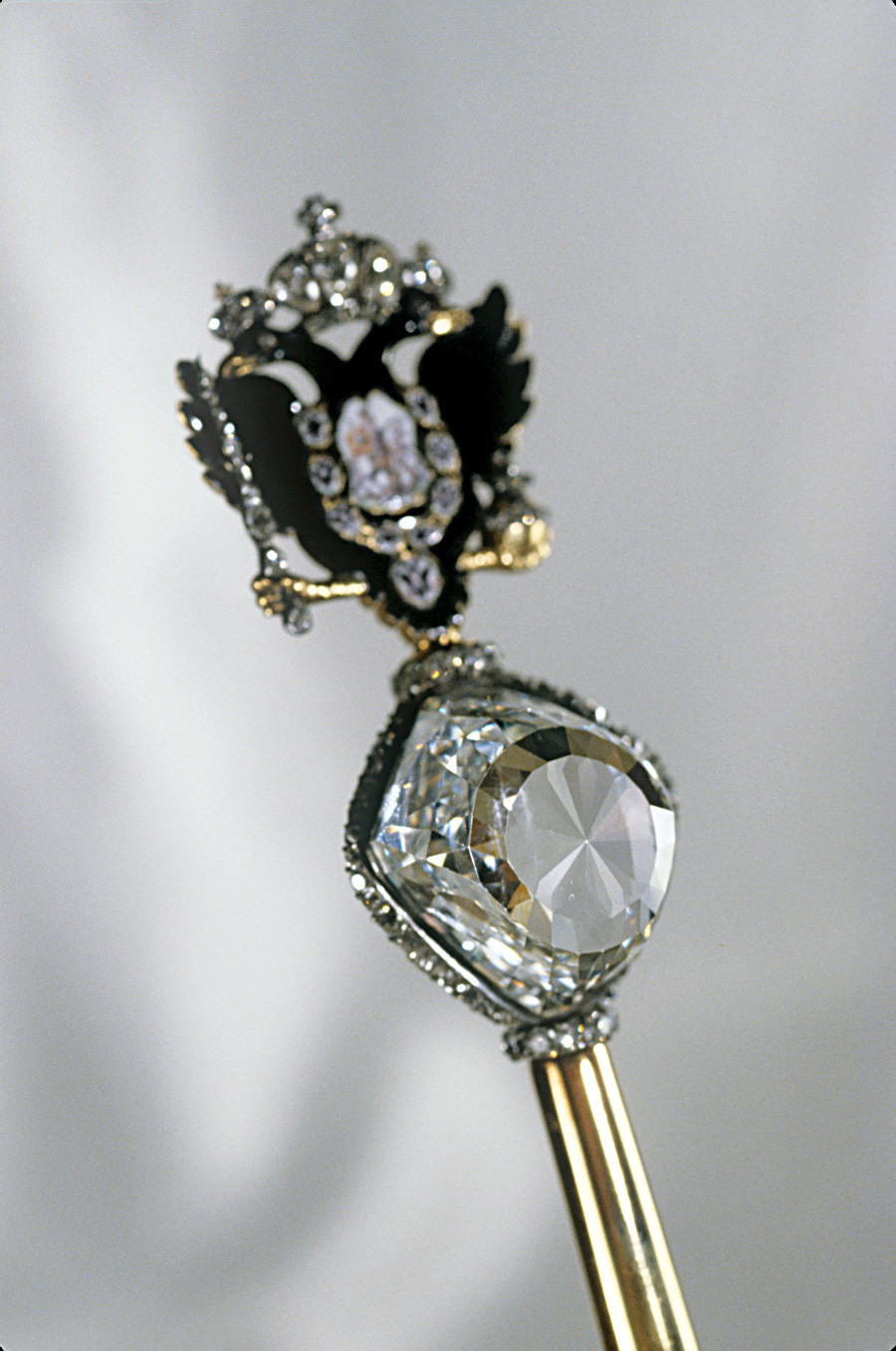Imperial scepter made for Catherine the Great in the early 1770s. Topped by the Orlov diamond and a gold cast double-headed eagle.