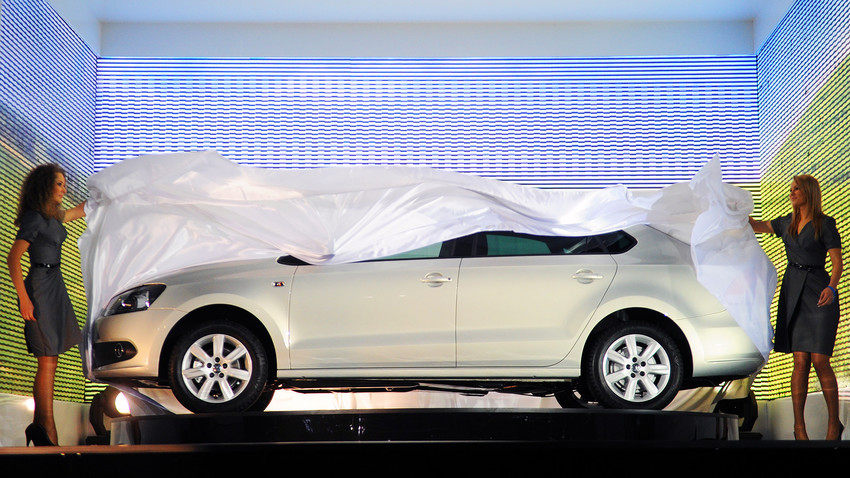 New sedan Volkswagen Polo is on display during the presentation.