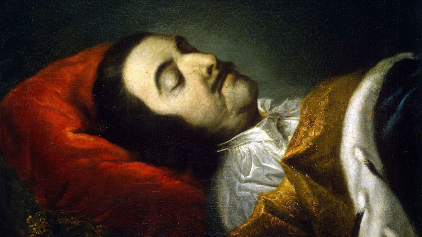 "O tsar [Pedro, o Grande] em seu leito de morte". Pintura de Johann Gottfried Tannauer. Pedro morreu de doença renal. 