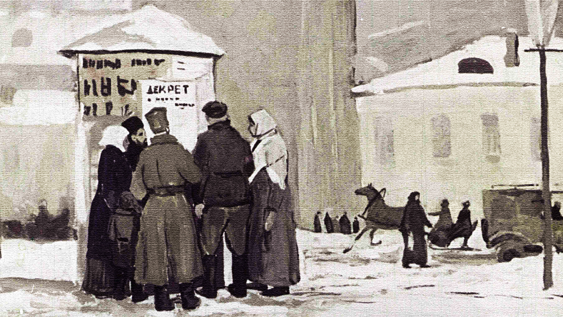 Sebuah lukisan yang menunjukkan orang-orang berkumpul untuk membaca salah satu keputusan yang dikeluarkan kaum Bolshevik.