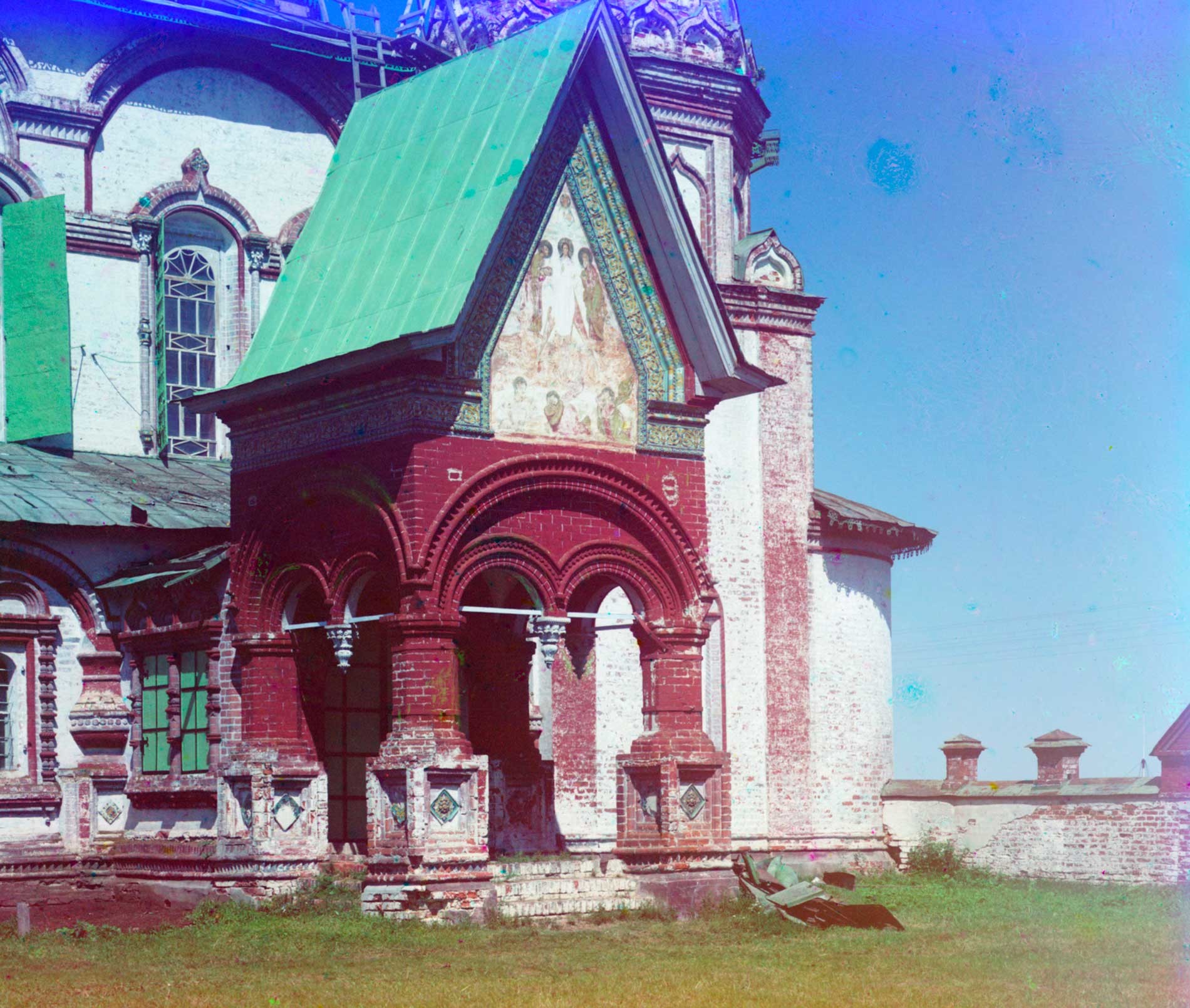 Church of St. John Chrysostome. South facade & porch with ceramic border & fresco of Transfiguration. Summer 1911.