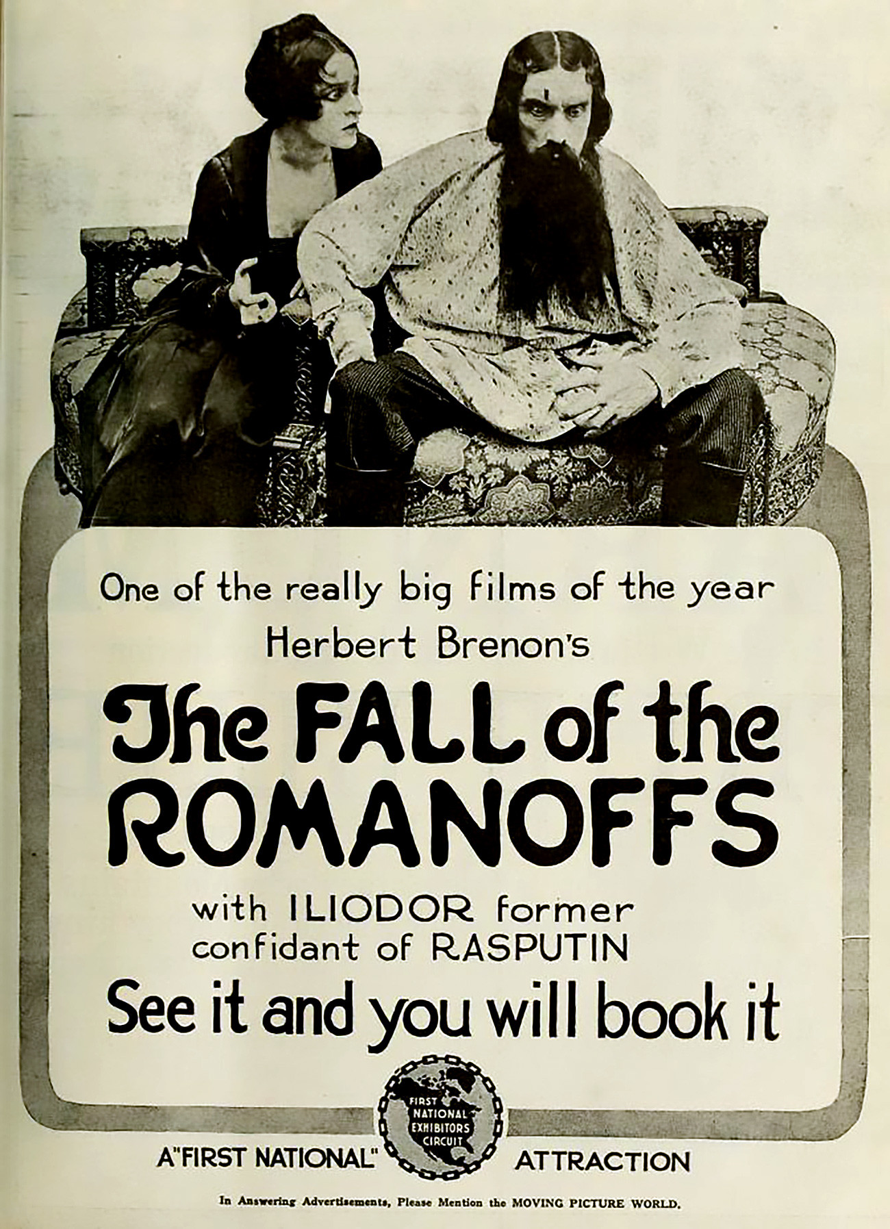 Iklan di Moving Picture World, Mei 1918 untuk film The Fall of the Romanoffs (1917) dengan Edward Connelly dan Ketty Galanta.