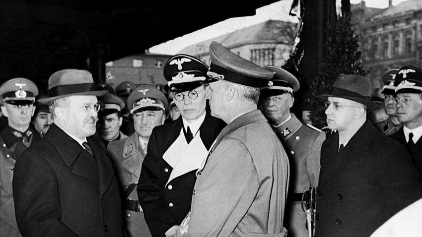 Molotov talks to Reichs Foreign Minister Joachim von Ribbentrop before Molotov's departure from Berlin on Nov. 14, 1940. The Soviet-German friendship lasted no longer than 2 years.