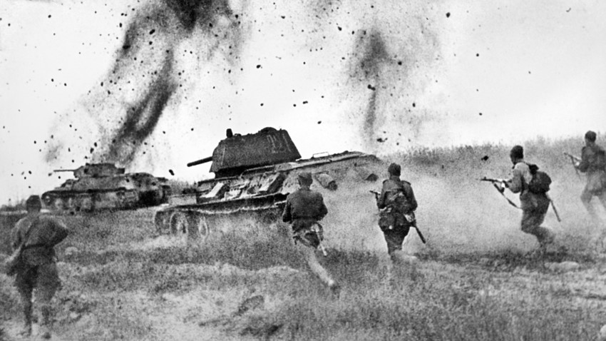 Soviet troops attacking German defense during the Great Patriotic War. All the people rose to defeat Hitler - even those who shared surnames with German leaders