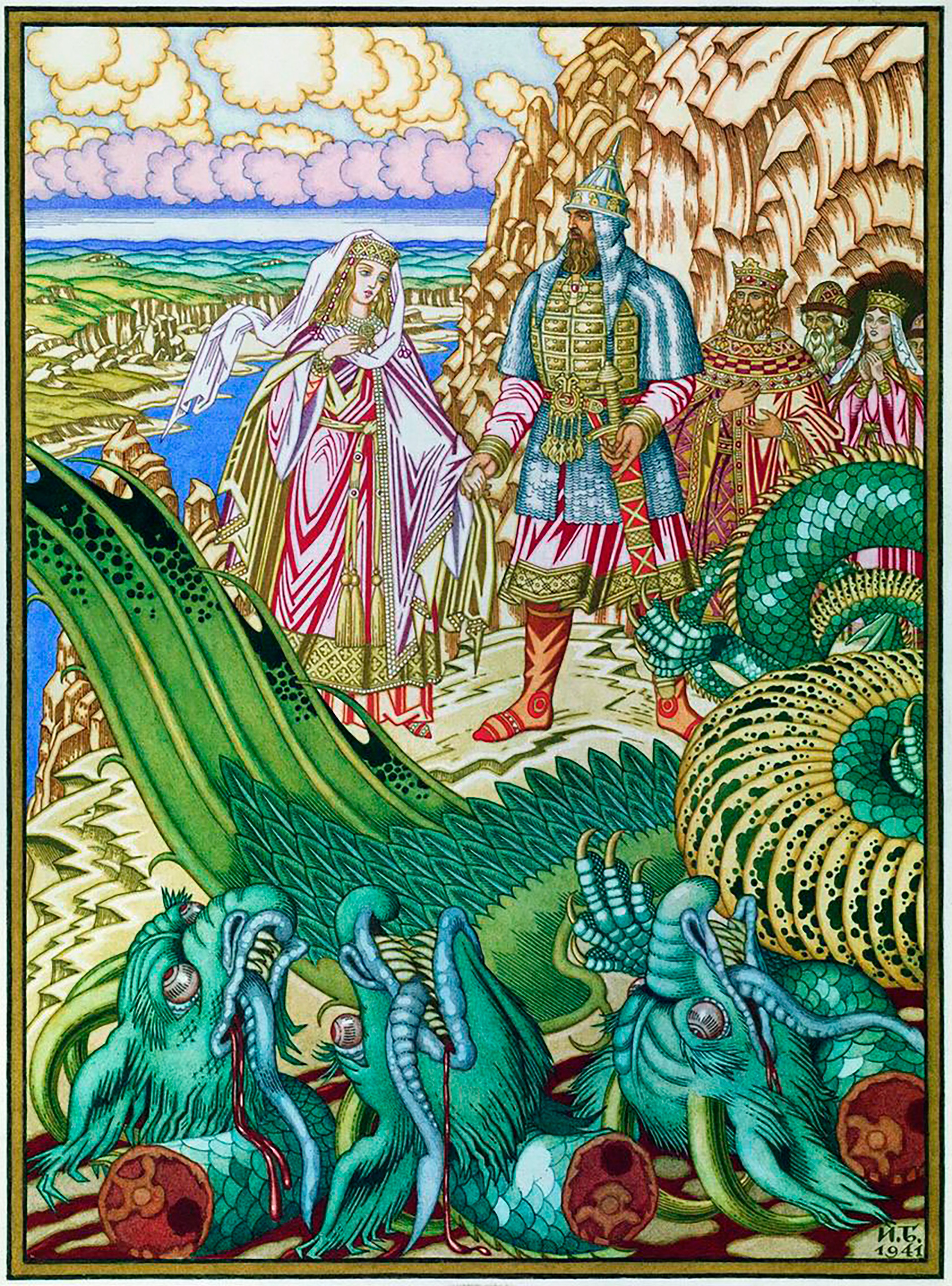 Ivan Bilibin. Dobrynya Nikitich membebaskan Zabava Putyatichna dari Zmey Gorynych. Sebuah ilustrasi oleh N.V. Vodovozov untuk untuk kumpulan dongeng.