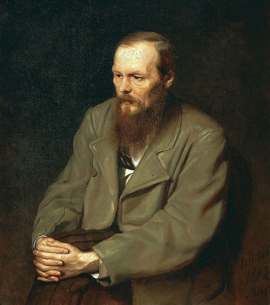 Dostoevsky looks rather grim on his canonic portrait by Vasily Perov.