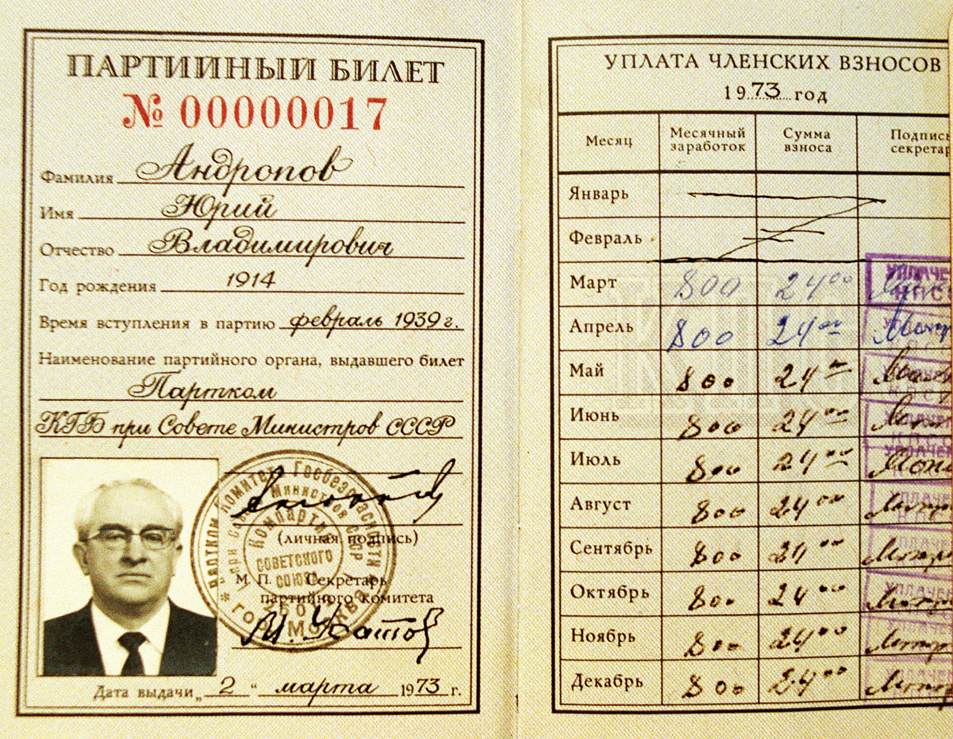 ユーリ・アンドロポフ、共産党の党員証