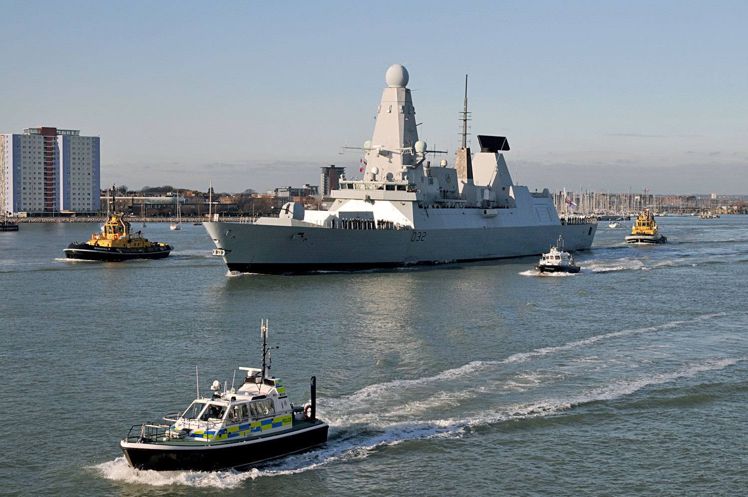 Royal Navy destroyer - HMS Daring leaving Royal Navy Base in Portsmouth