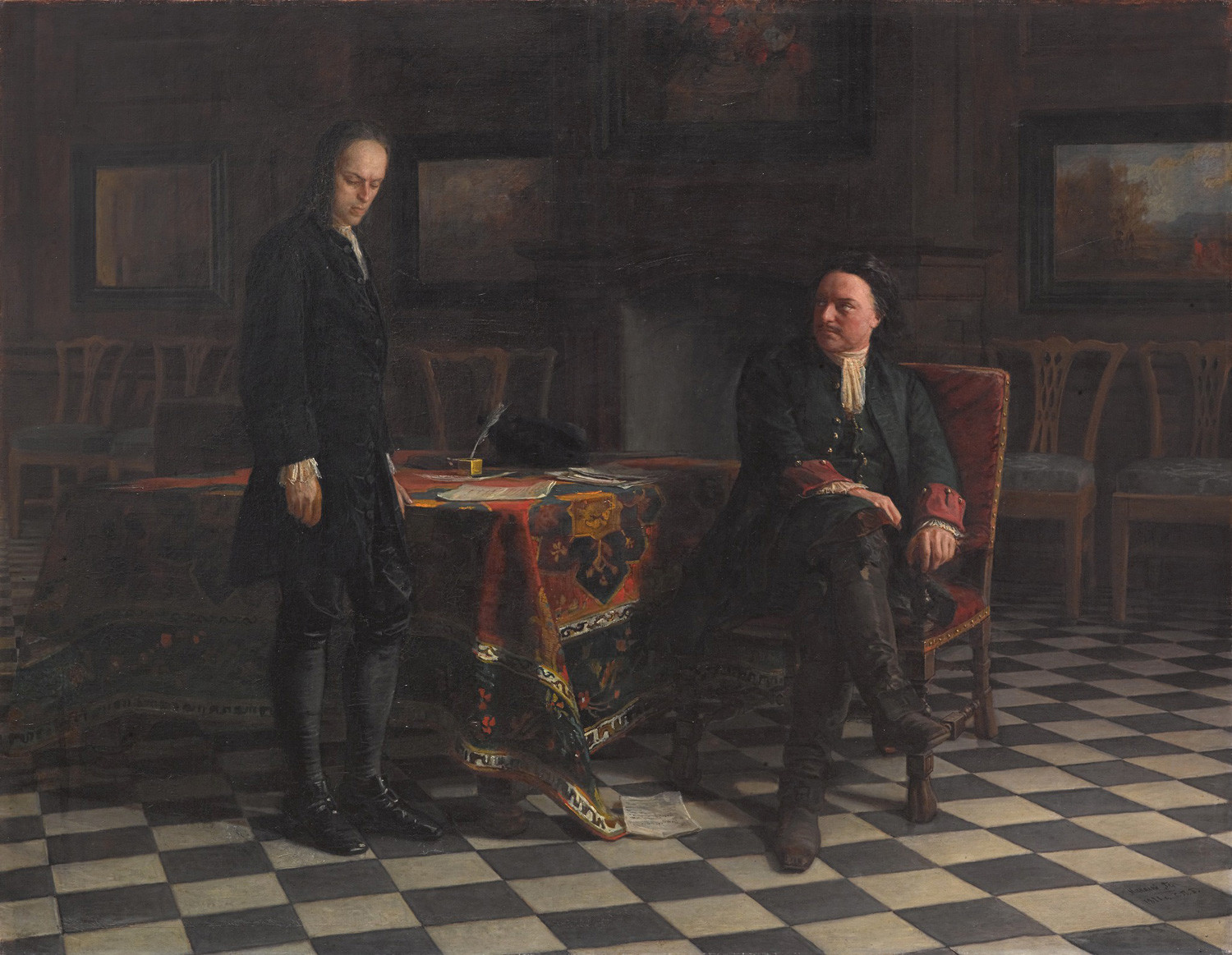 'Peter I (the Great) Interrogating Tsarevich Alexei Petrovich in Petergof' by Nikolai Ge