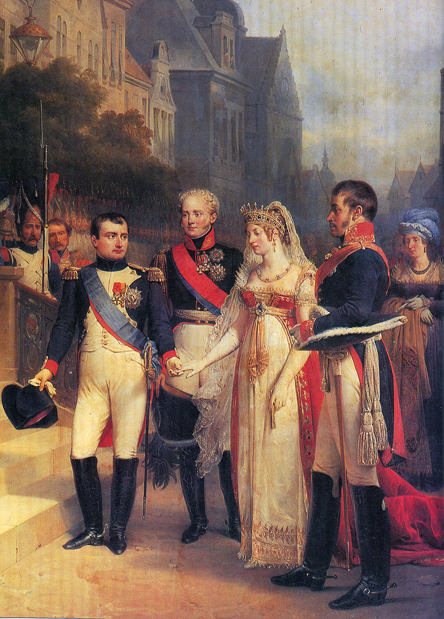 仏画家Nikolas Gosseによる「ティルジットでの会見。ナポレオン、アレクサンドル1世、フリードリヒ・ヴィルヘルム3世とルイーゼ王妃」（1807）