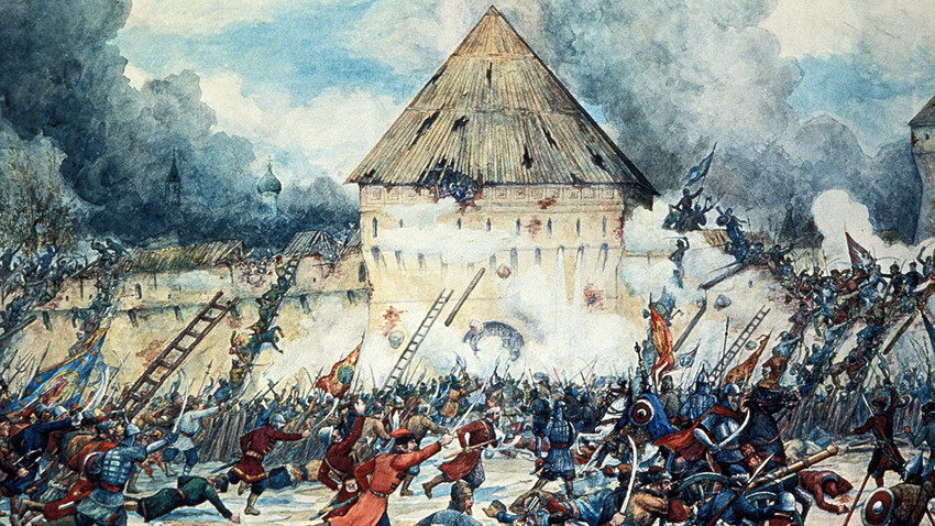 Pertempuran dengan penjajah Polandia di Gerbang Vladimir Kitai-Gorod (pecinan) di Moskow, 1612, lukisan cat air oleh G. Lissner.