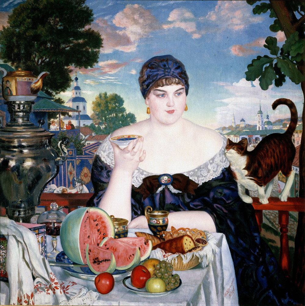 Femme de marchand prenant le thé par Boris Koustodiev