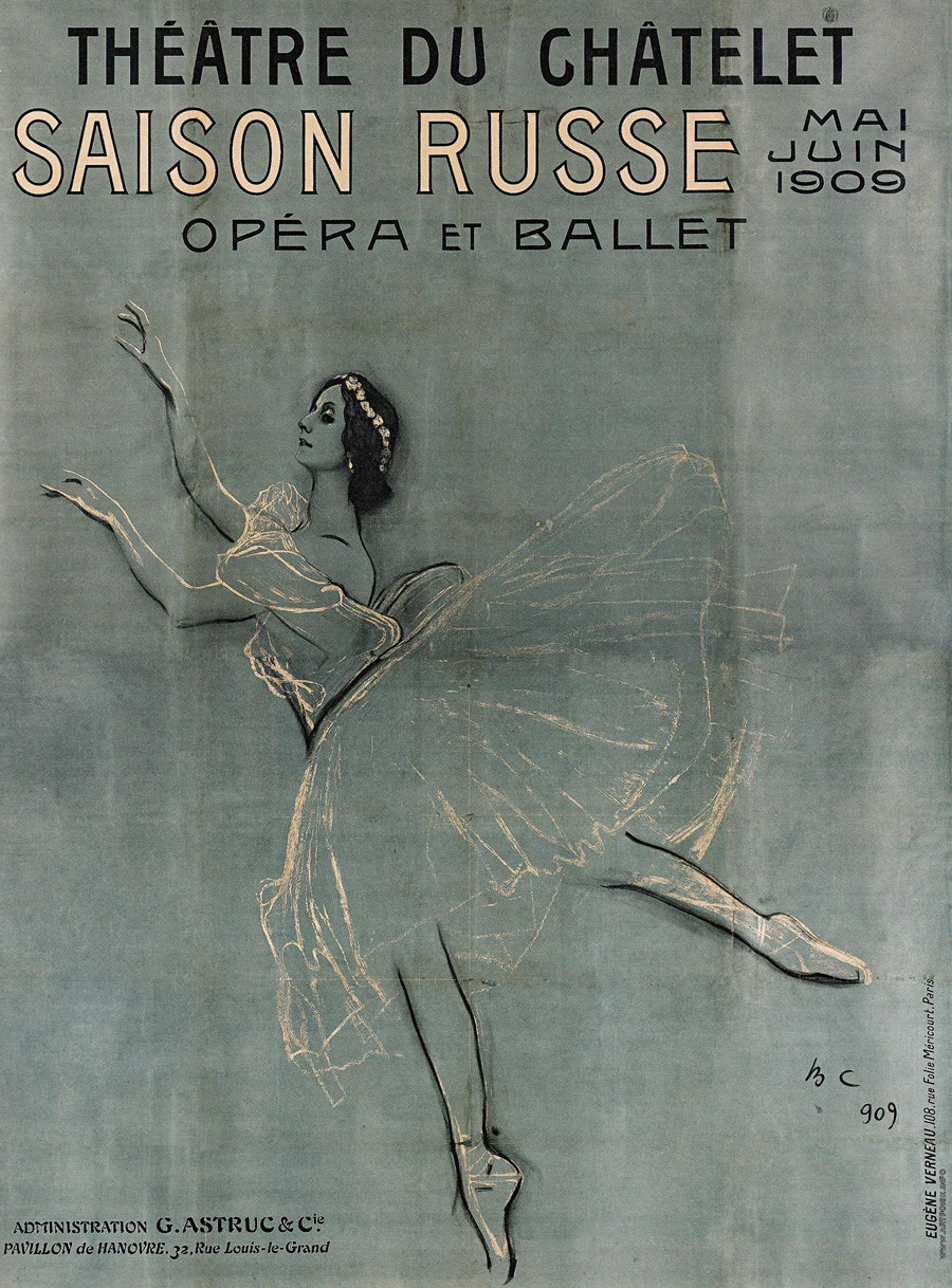 Poster depicting Anna Pavlova advertising the Ballets Russes in Paris in 1909. Designed by Velentine Serov.