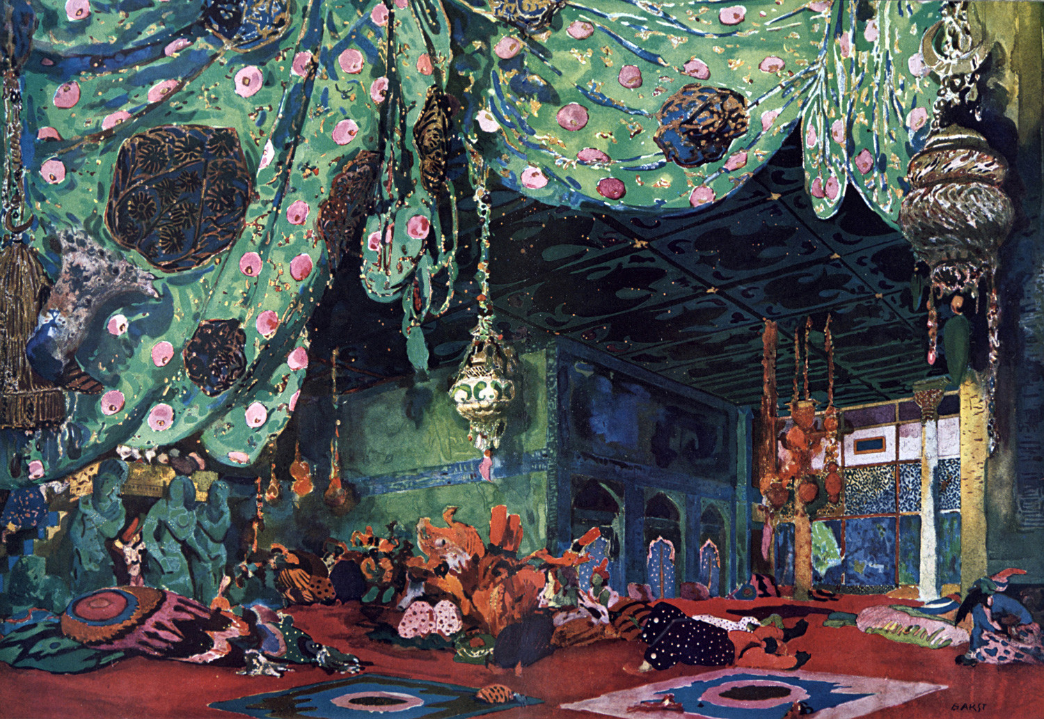 Scenery design by Leon Bakst (1866-1924) 'Scheherazade' produced in 1910 by Sergei Diaghilev's Ballets Russes. Music by Nikolai Rimsky-Korsakov, choreography by Michel Fokine.