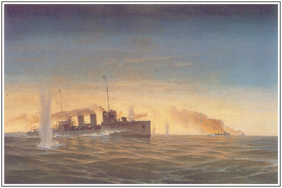 “Batalla del destructor ‘Nóvik’ con los destructores alemanes, el V99 y el V100, en ell Golfo de Riga”, obra de G.V. Gorshkov.
