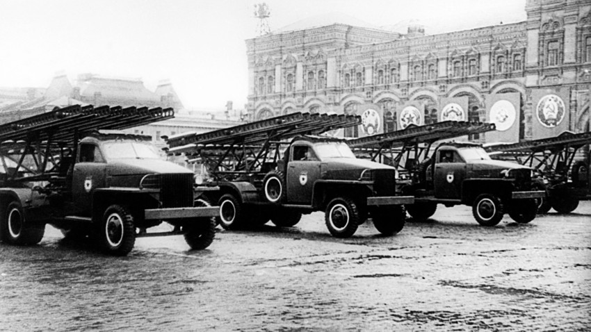 Moscow. USSR. The Victory Day celebrations. BM-13 Katyusha multiple rocket launchers rolling in Red Square. June 24, 1945. 