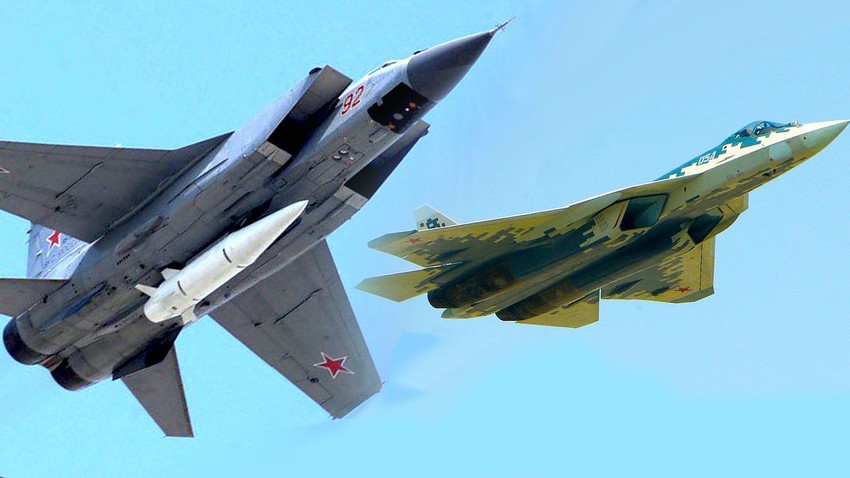 МиГ-31 са хиперзвучном ракетом "Кинжал" и ловац 5 генерације Су-57