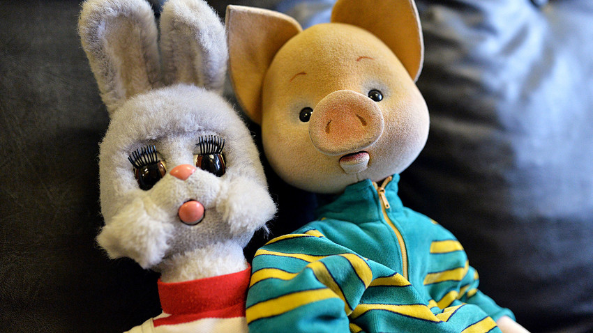 Stepashka the Hare and Khryusha the Piglet toys for the Good Night Little Ones show at the Ostankino TV studio.
