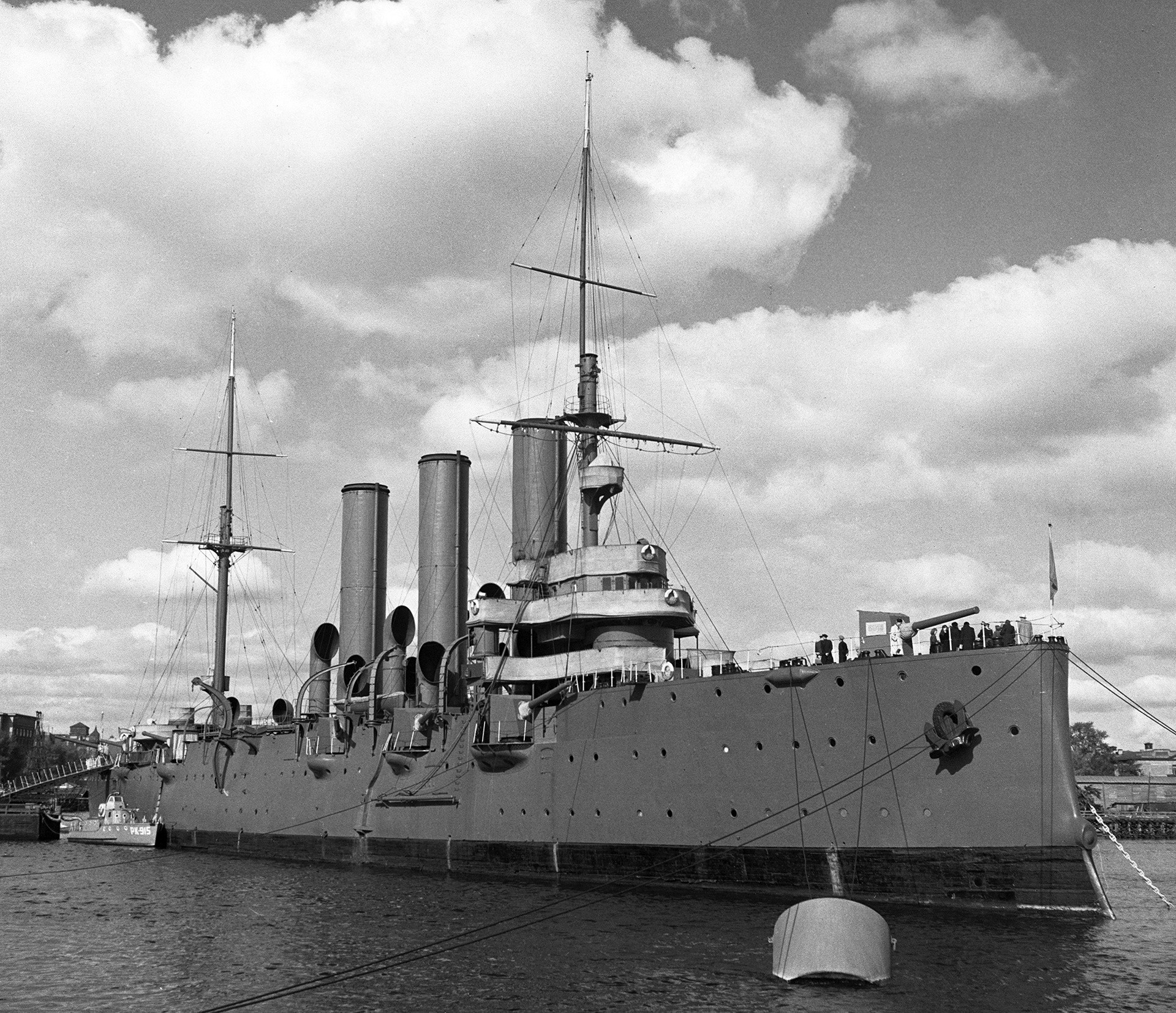 The cruiser Aurora at Petrogradskaya Embankment in St. Petersburg.