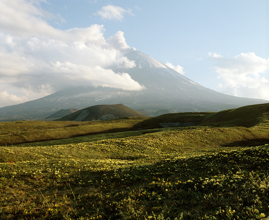 View of the most active and highest volcano in Eurasia - Klyuchevskoe peak