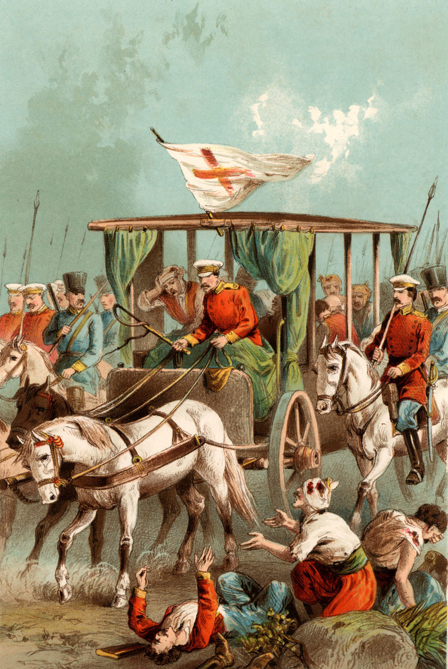 Red Cross: Military ambulance carrying a Red Cross flag transporting Russian wounded during Russo-Turkish War, 1877. From a contemporary chromolithograph.