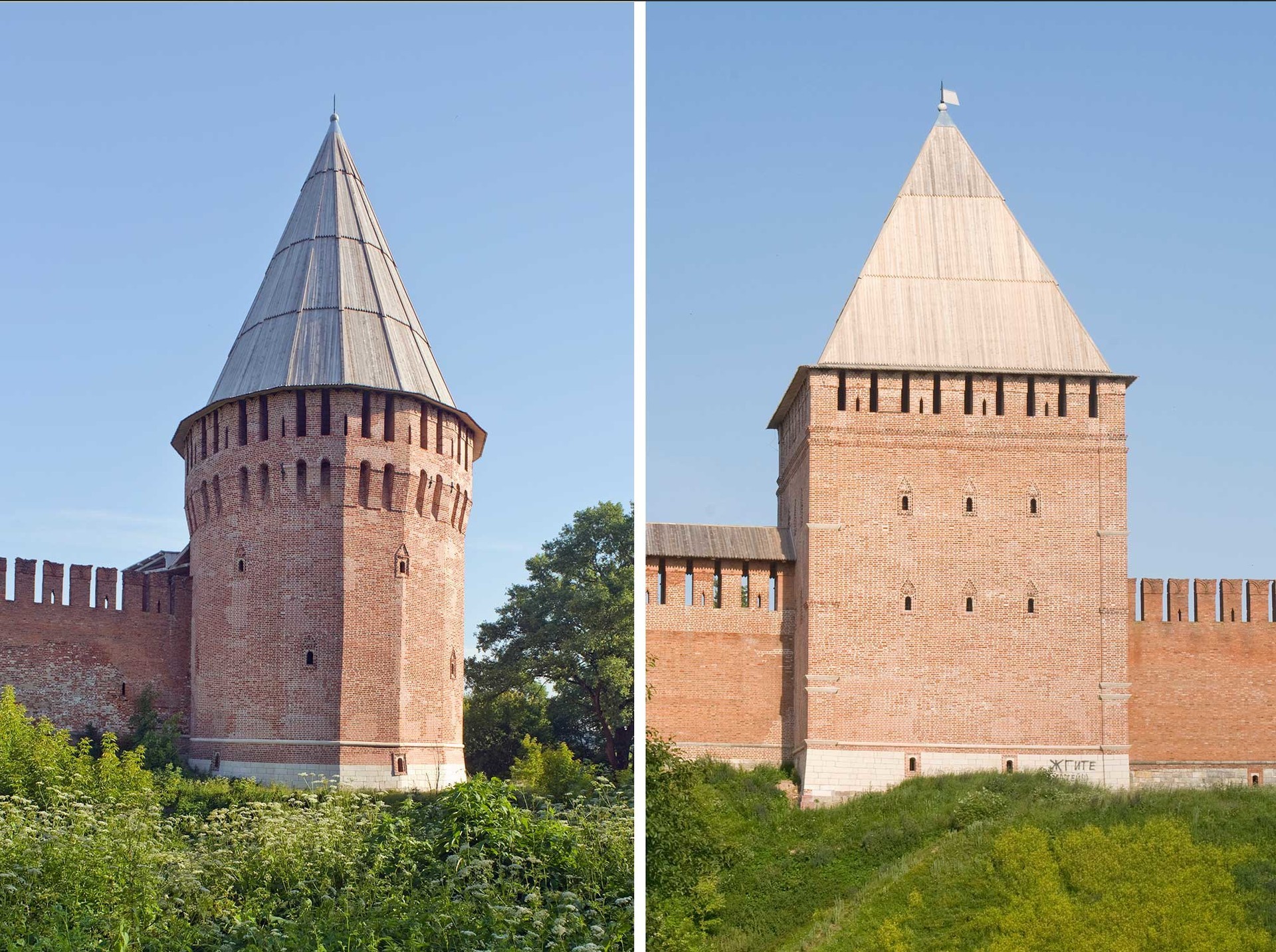 Izq: Ciudadela de Smolensk. Esquina sureste con la Torre del Altar (Beluja). Der: Ciudadela de  Smolensk. Muro este con la Torre Avraami. Fachada este. 1 de julio de 2014.