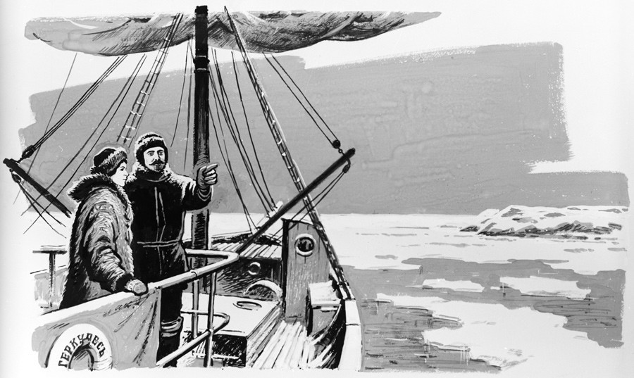 Desenho “No deque com ‘Hercules’ com a esposa Juliette Jean”, de V. Orlov. Guache e caneta. Reprodução. Série de desenhos sobre o explorador do Ártico Vladímir Rusanov (1875-1913).