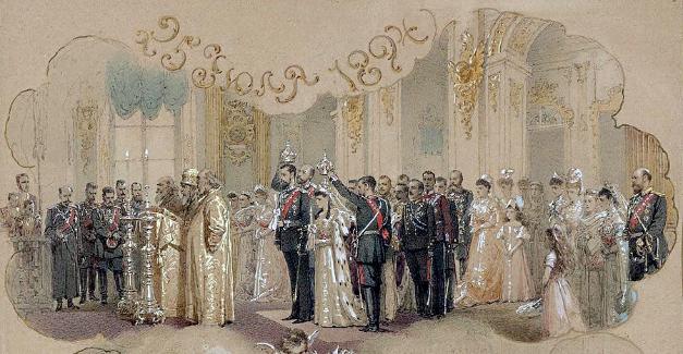 Le nekaj mesecev po carski poroki se je veliki knez Aleksander Mihajlovič poročil s carjevo sestro Ksenijo Aleksandrovno v Peterhofu. Slika je delo madžarskega slikarja Mihályja Zichyja iz 25. julija 1894.