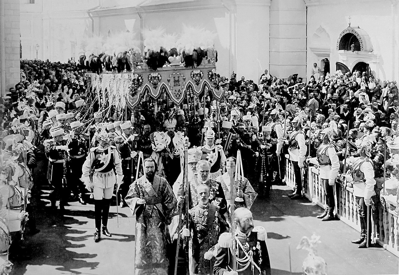 Tsar Nicholas II leaves Uspensky Cathedral following his coronation