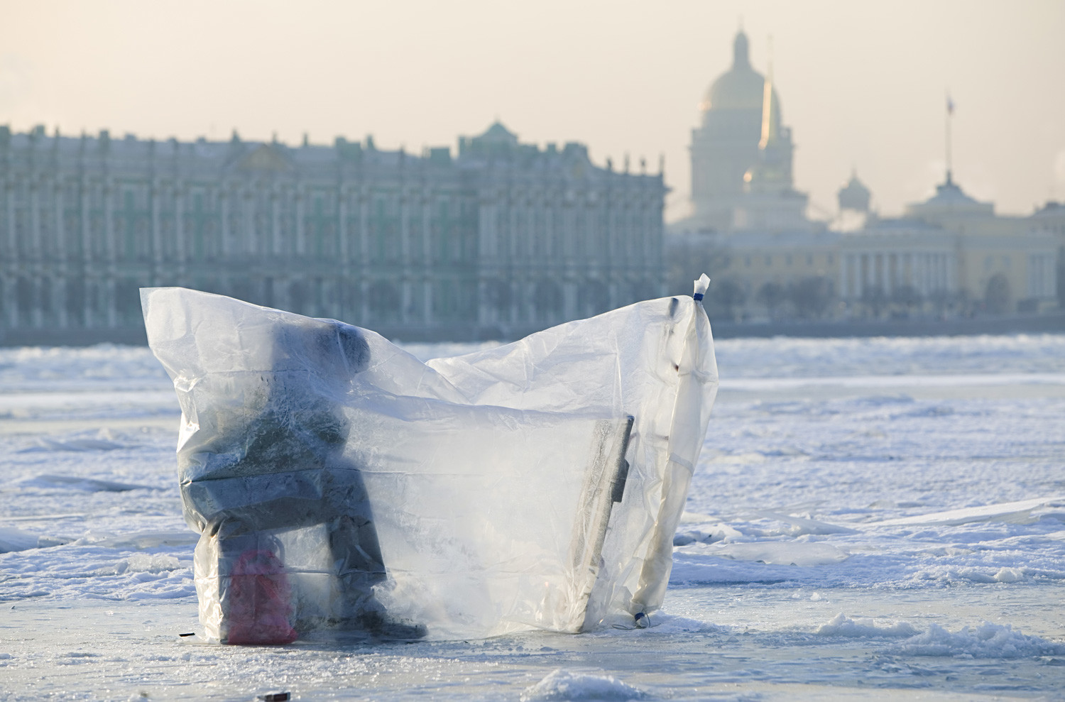 Winter fishing on the Neva. The Winter Palace. St. Petersburg. Russia