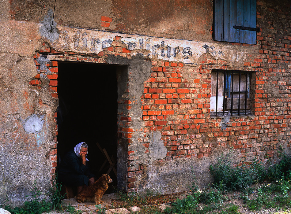 Una anciana y su perro miran desde un edificio con un cartel en alemán que todavía se puede ver en el umbral, Známensk
