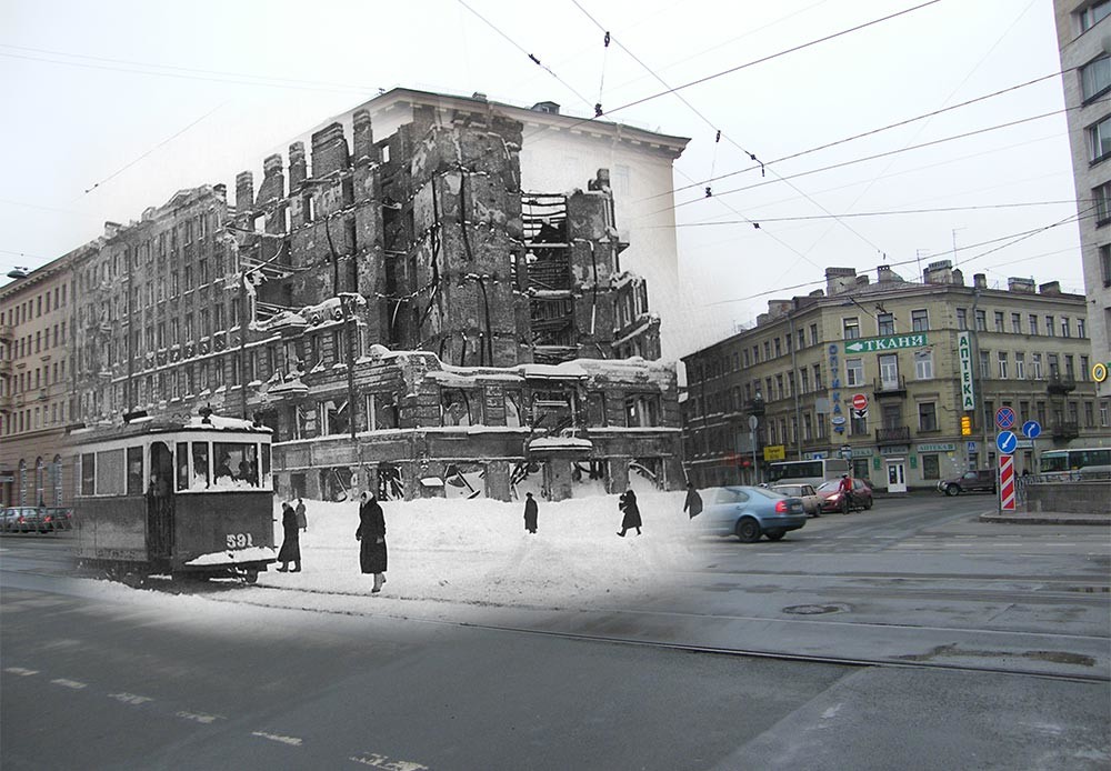 Leningrado (actual San Petersburgo), 1942-2009. Confluencia de la Avenida Lígovski y la calle Raziézzhaia.